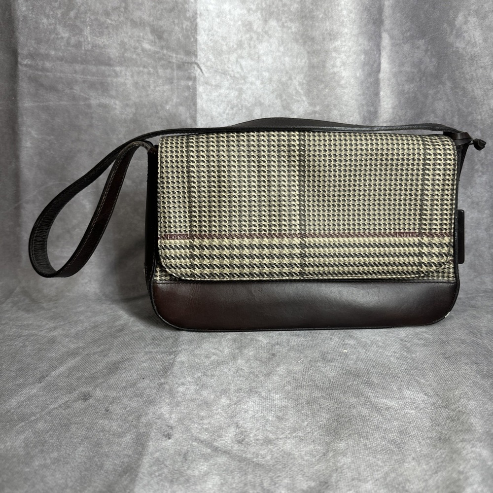 Ralph Lauren Houndstooth Purse 10x7 Brown Leather Vintage